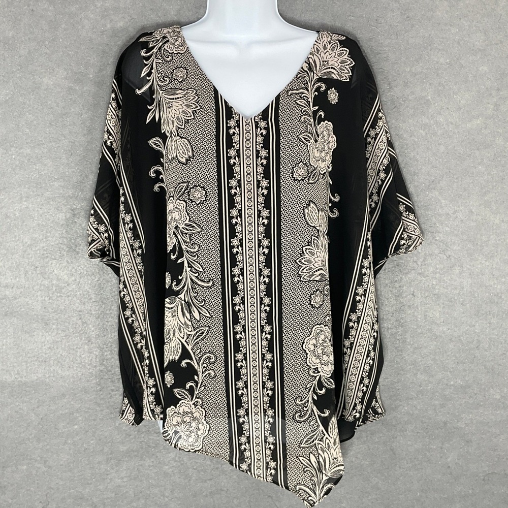 Roz & Ali‎ Floral Print Kimono Top Flowy Boho Asymetrical Hem Black Beige Sz 1X